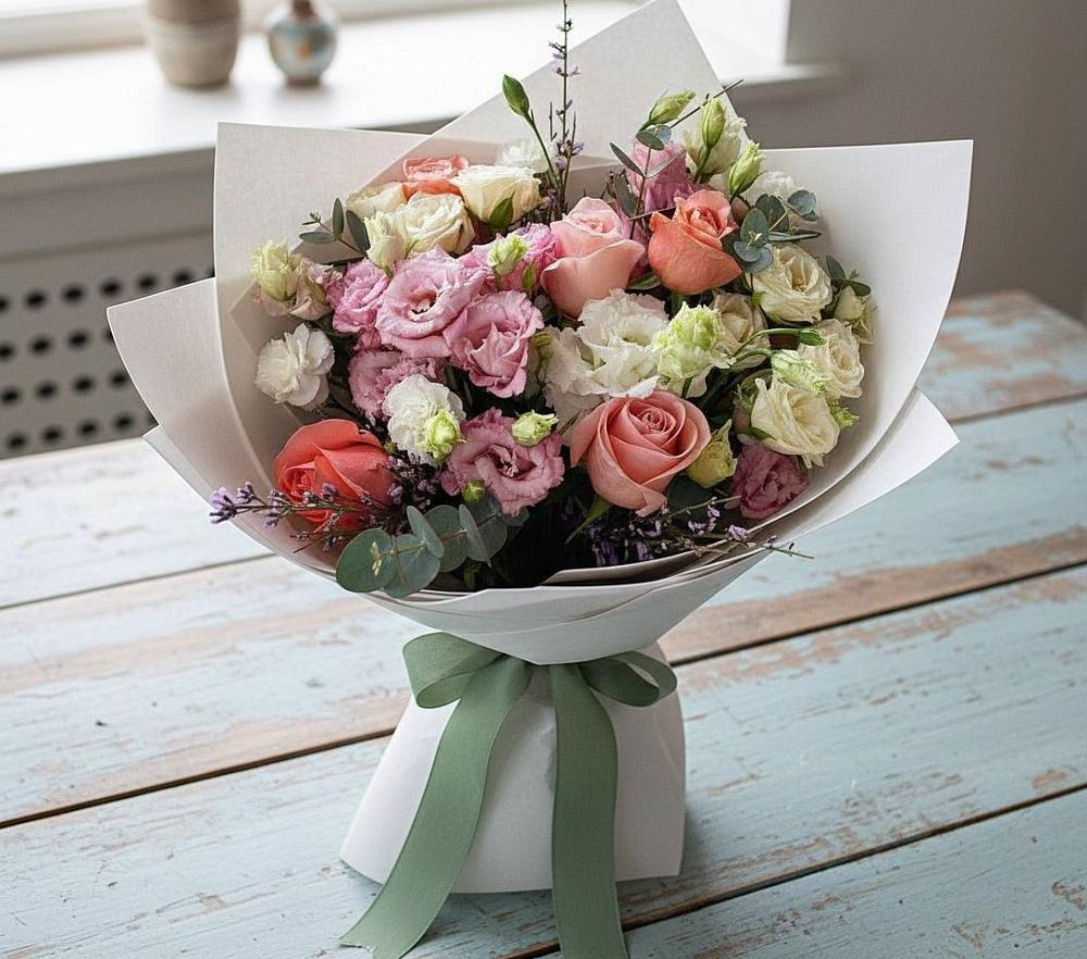 Букет цветов из: Розы, Лизиантусы и Гвоздики в Икряном