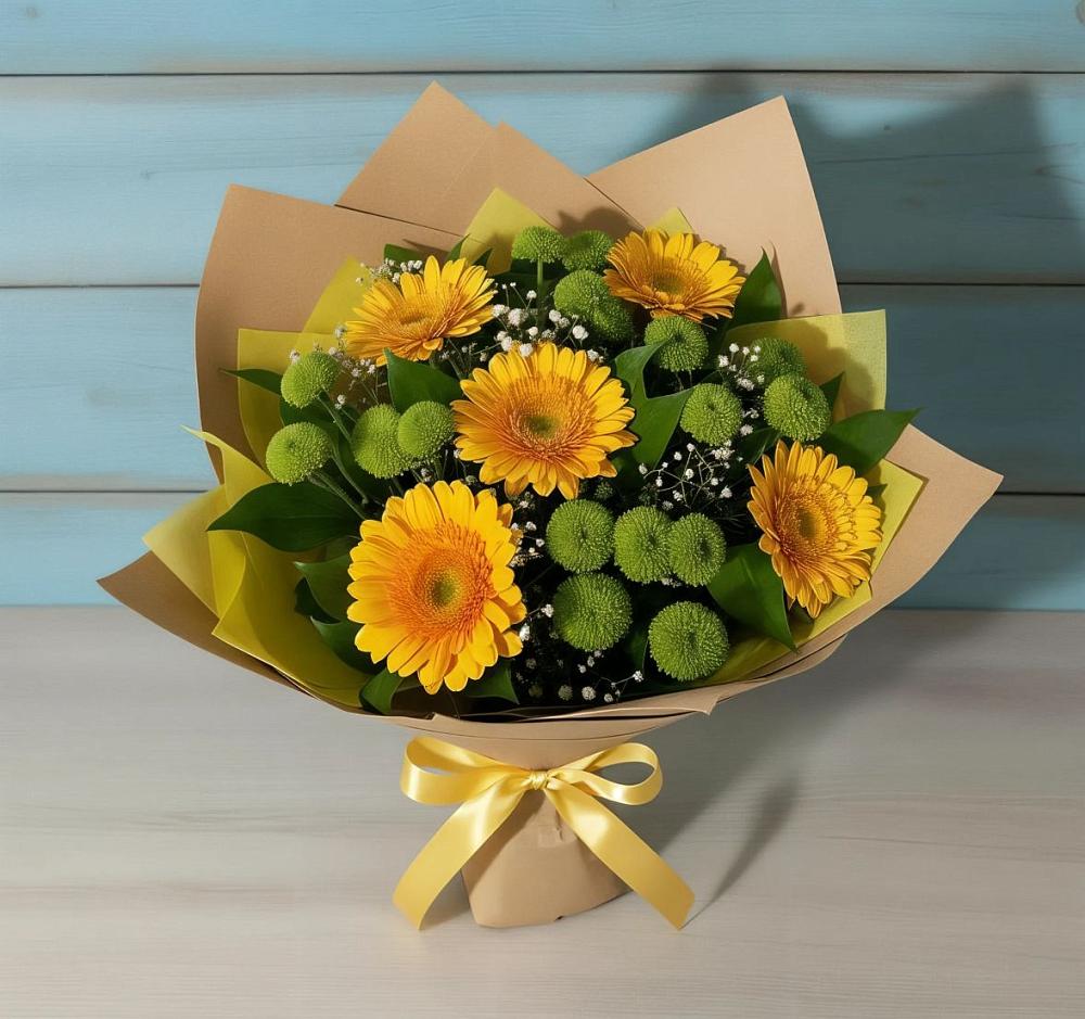 Букет цветов из: Герберы и Хризантемы в Икряном