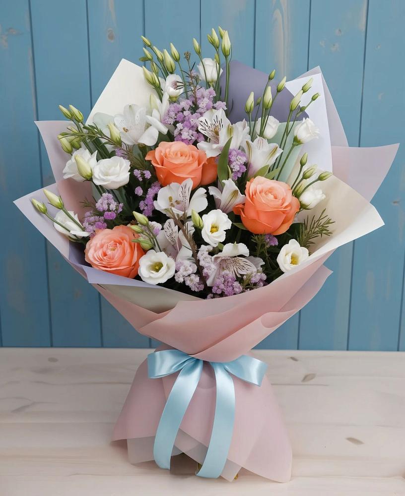 Букет цветов из: Лизиантусы, Розы, Альстромерии и Гипсофила в Икряном