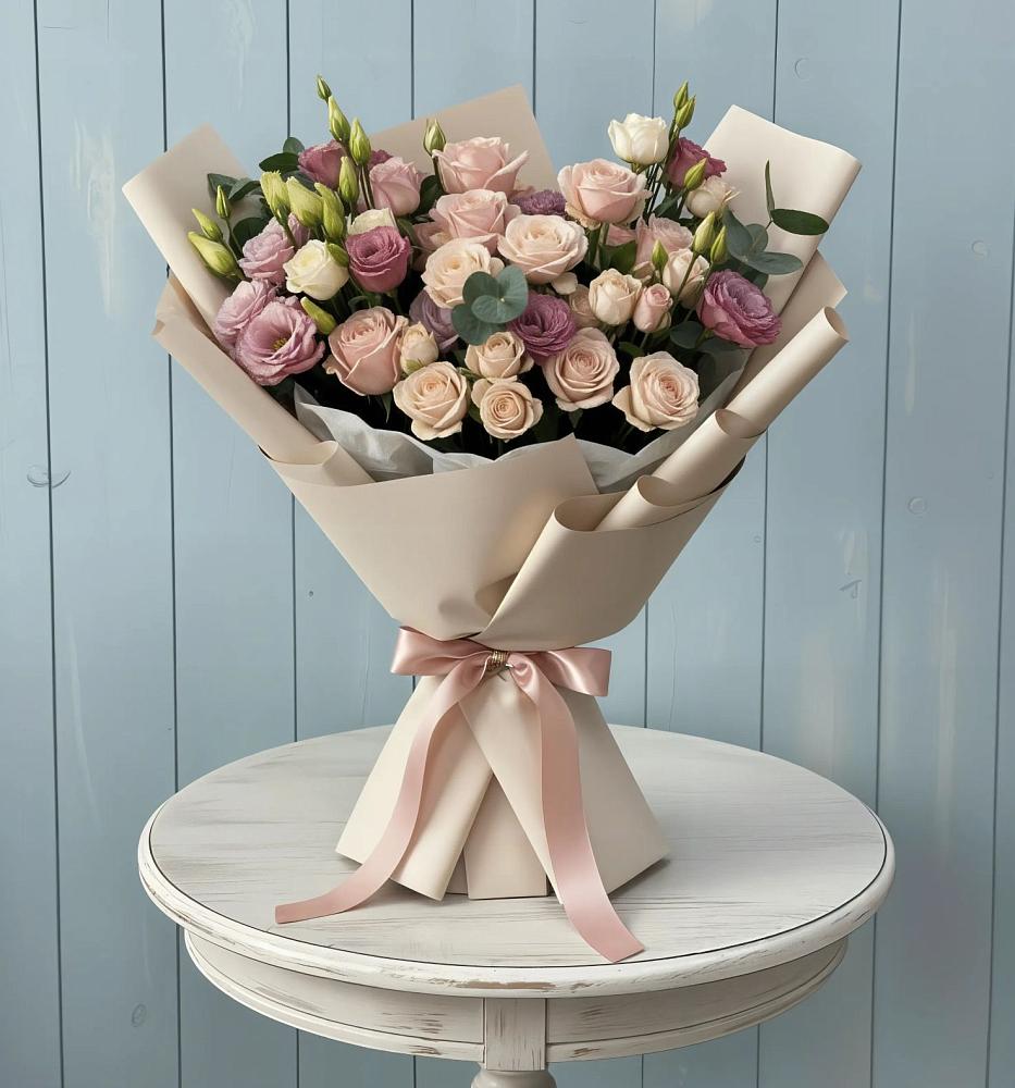 Букет цветов из: Розы и Лизиантусы в Икряном